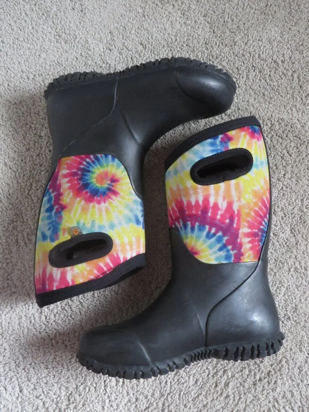 Bogs Kids Rain/Snow Boots Size 2 Youth Black With Multicolor Tie-Dye Cuff